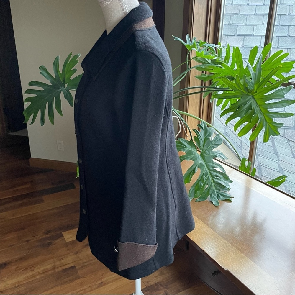 Icelandic Design Black & Brown Wool Coat with Metal Buttons Stand Collar Detail - Picture 4 of 15